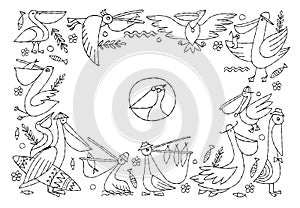 Pelicans family. Funny characters. Horizontal frame with place for your text. Colouring page. Background for your design