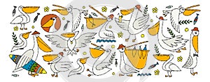 Pelicans family. Funny characters. Horizontal frame for your design - banners, cards, print, mugs etc
