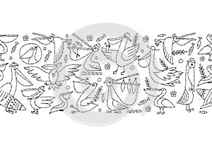 Pelicans family. Funny characters. Seamless pattern background for your design. Colouring page