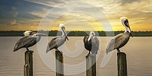Pelicans Posing at Sunset