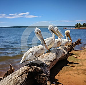Pelicans resting on a log near Lake Hefner, Oklahoma City, Oklahoma