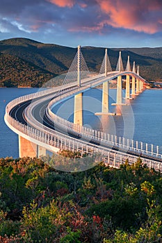 Peljesac Bridge, Croatia at sunrise.