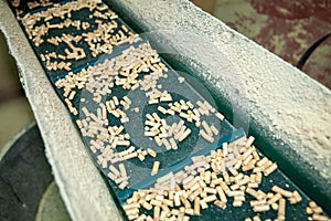 Pellet production process for heating compressed wood shavings