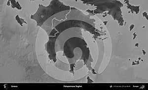 Peloponnese Region outlined, Greece. Grayscale