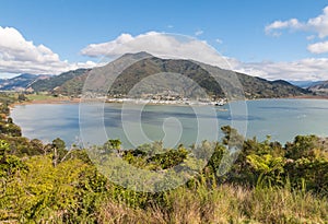 Pelorus Sound with Havelock town in South Island, New Zealand