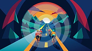 A peloton of cyclists winding through a mountain tunnel their lights casting a colorful glow as they race towards the photo