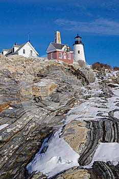 Pemaquid Point Lighthouse and Keepers House  during winter, Maine, USA