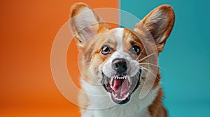 Pembroke Welsh Corgi, angry dog baring its teeth, studio lighting pastel background