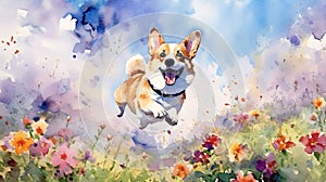 Pembroke Welsh Corgi Pembroke dog jumping in the meadow. Watercolor painting. AI generated.