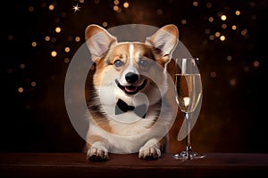 Pembroke Welsh Corgi with a small glass of champagne at a Christmas party on a dark background