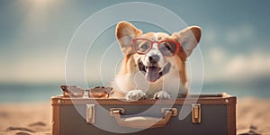 Pembroke Welsh Corgis Beach Adventure Opened Suitcase and Stylish glasses - travel and holiday concept. Generative AI