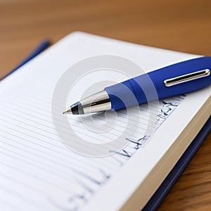pen on a blue diary, placed on a table