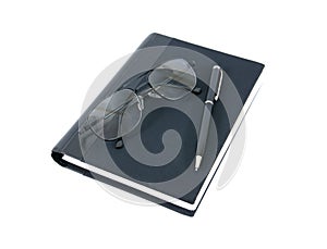 Pen book and glasses isolated on white background