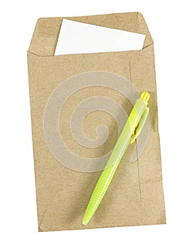 Pen and Brown envelope document with paper isolated on white background