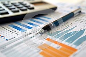 A pen and calculator are placed on top of a sheet of paper with annotations, Graphic representation of a balance sheet, AI