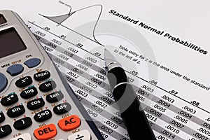 Pen and calculator on standard normal probabilities table.