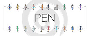 pen character pencil school icons set vector