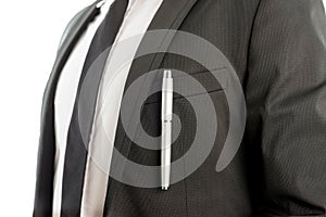 Pen Clipped on Suit Pocket of a Businessman