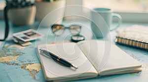 A pen and a cup of coffee sit on a table next to a notebook by AI generated image