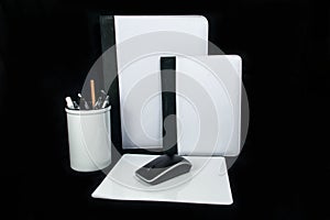 Pen cup, pencil office set notebook cover and Mouse pad mousepad on black background for sublimation design print