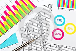 Pen on document with financial data and colorful graphs