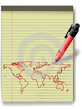 Pen drawing World Map on Legal Pad Paper red ink