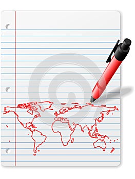 Pen drawing World Map on Notebook Paper red ink