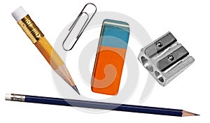 Pen, eraser, paper clip and sharpener