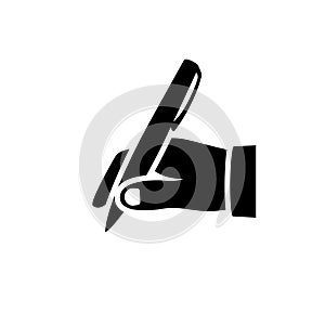 Pen in hand black icon silhouette. Man holding pencil pictogram.
