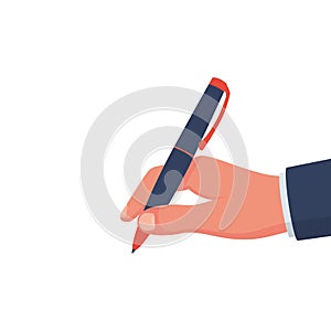 Pen in hand. Man holding pencil. Vector illustration, flat design.