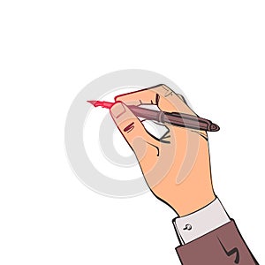 Pen in hand sketch style. Man holding pencil. Vector illustration, cartoon design.