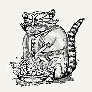 Pen and ink illustration of humanlike raccoon washing brain