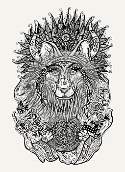 Pen and ink illustration of Indian fox holding Mayan calendar