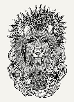 Pen and ink illustration of Indian fox holding Mayan calendar photo