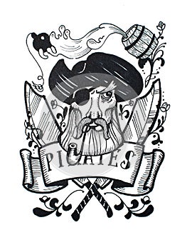 Pen and ink vintage drawing of pirate captain for tattoo or T-shirt design