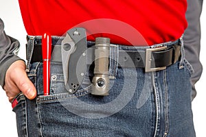Pen, knife and flashlight with clips in your jeans pocket. EDC items