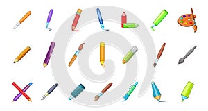 Pen, pencil icon set, cartoon style