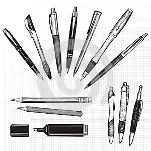 Pen, pencil and marker sketch set over seamless paper background. photo