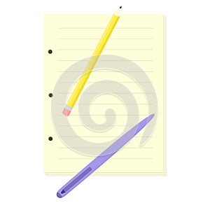 Pen and pencil on paper sheets. Vector illustrations