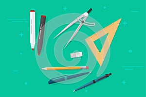 Pen, pencils, eraser, triangle rulers, marker, biro pen, compass divider vector, stationery objects