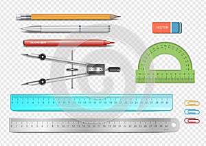 Pen, pencils and other tools used for draftsmanship .School set for painting and sketching.Ruler, Compasses, Eraser .Education and