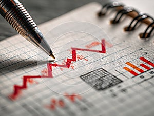 Pen pointing at an ascending red zigzag line on graph paper in a spiral notebook with data visualization and bar charts for