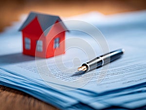 Pen resting on a stack of legal documents with a small red house model in the background symbolizing real estate contract or