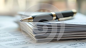 A pen resting on top of a stack of papers, great for office or desk use