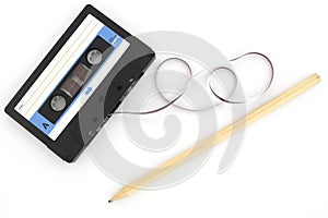 A pen for rewind cassette tape compact retro on white background