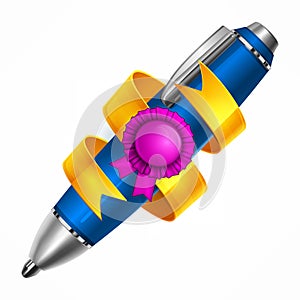 Pen with ribbon. Vector illustration.