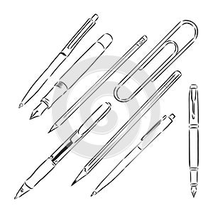 Pen set. Hand drawn vector doodle illustration. Pencils, pens and marker collection isolated on white. pen pencil vector sketch