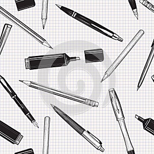 Pen set seamless pattern. Pencils, pens and marker