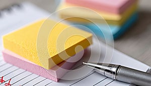 A pen sitting on top of a notepad next to a stack of sticky notes