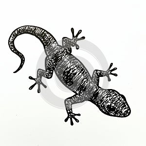 A pen sketch of a lizard features intricate crosshatching to create texture and shading. photo